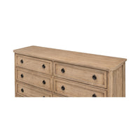 Top angle view of oak dresser surface and drawers.