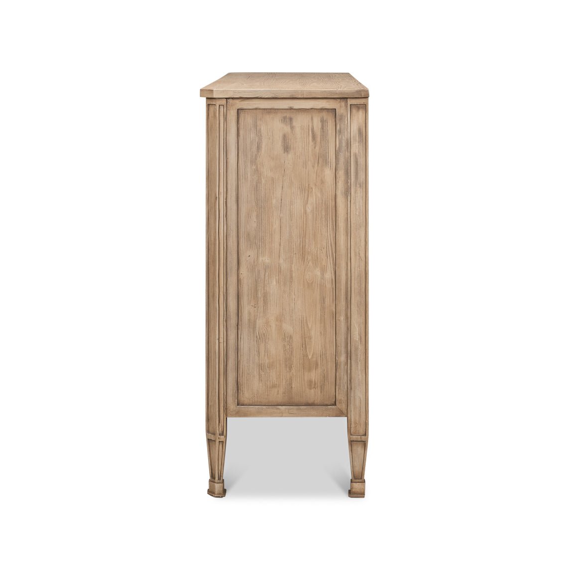 Side profile of French light oak dresser.