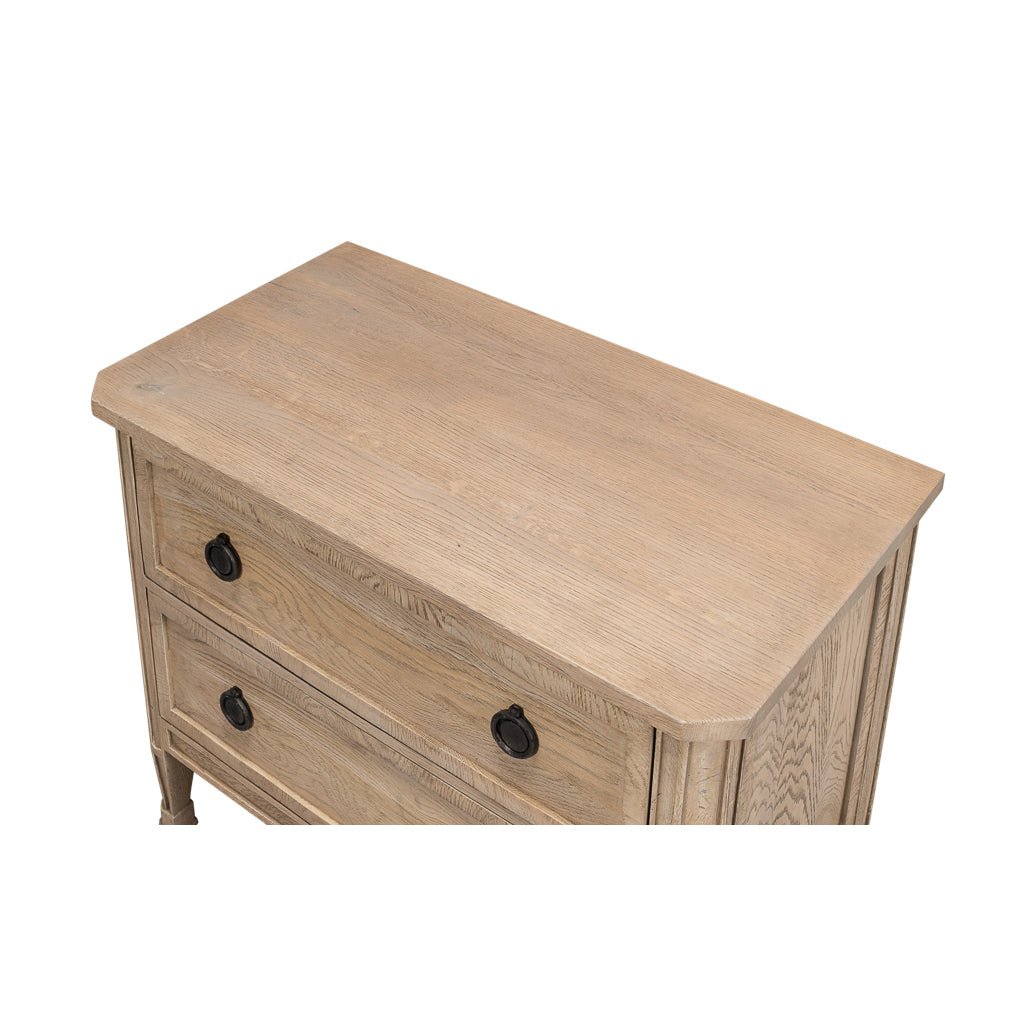 Top-down view of oak nightstand showing drawer layout.