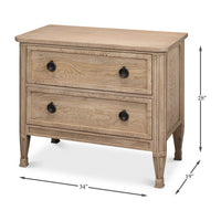 Dimensions of light oak nightstand with two drawers shown.