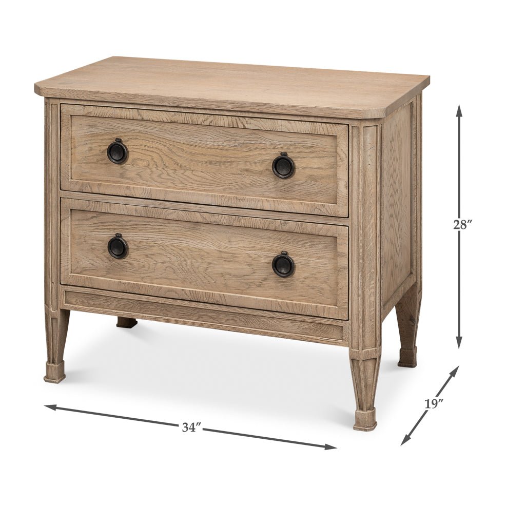Dimensions of light oak nightstand with two drawers shown.