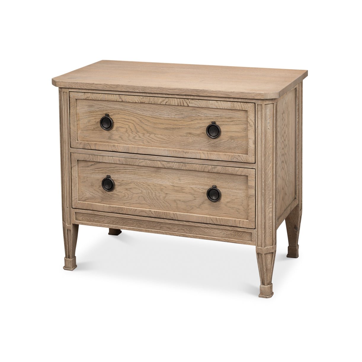 Three-quarter view of wooden nightstand with two drawers.