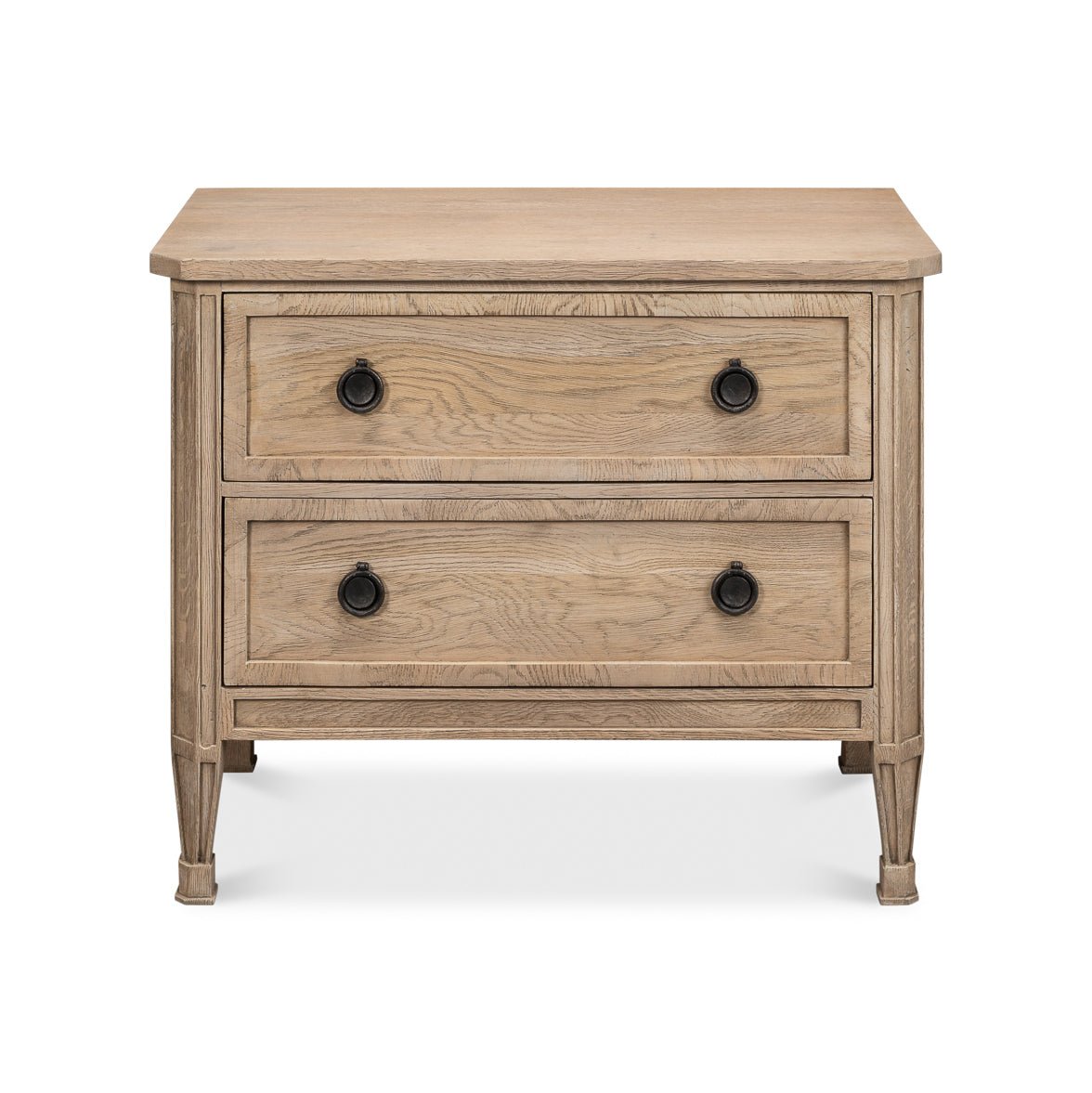 Front view of light oak nightstand showing drawer knobs.