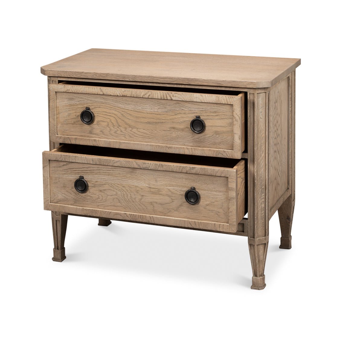 Drawers partially open on oak nightstand, side view.