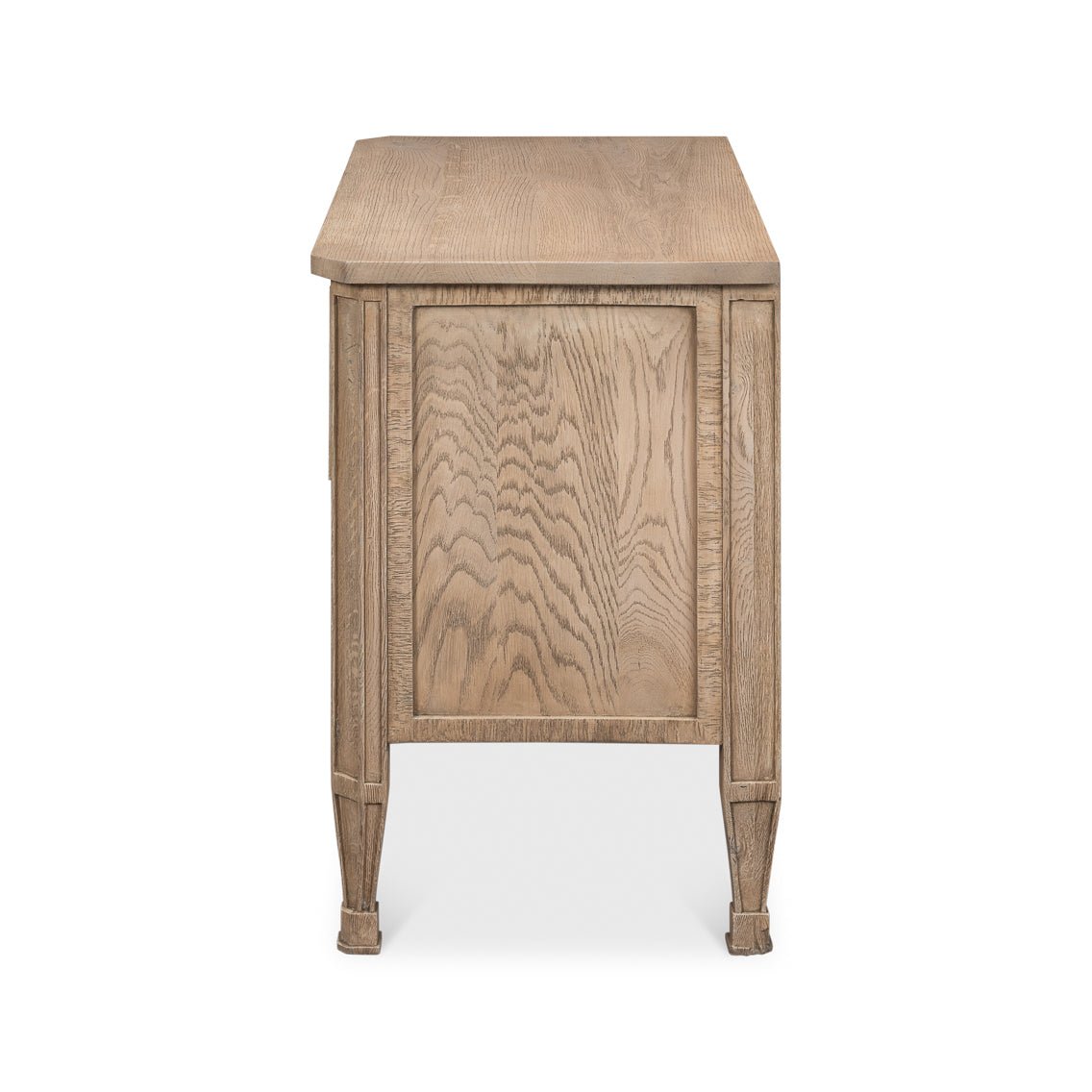 Side profile of oak nightstand highlighting wood grain.