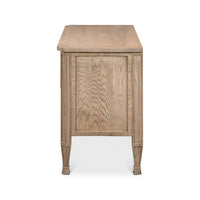 Side profile of oak nightstand highlighting wood grain.