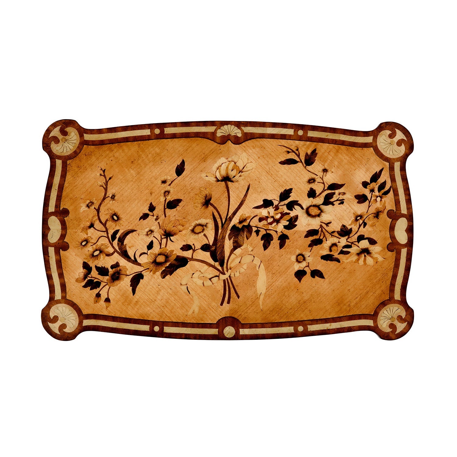 Detailed marquetry pattern on table top.