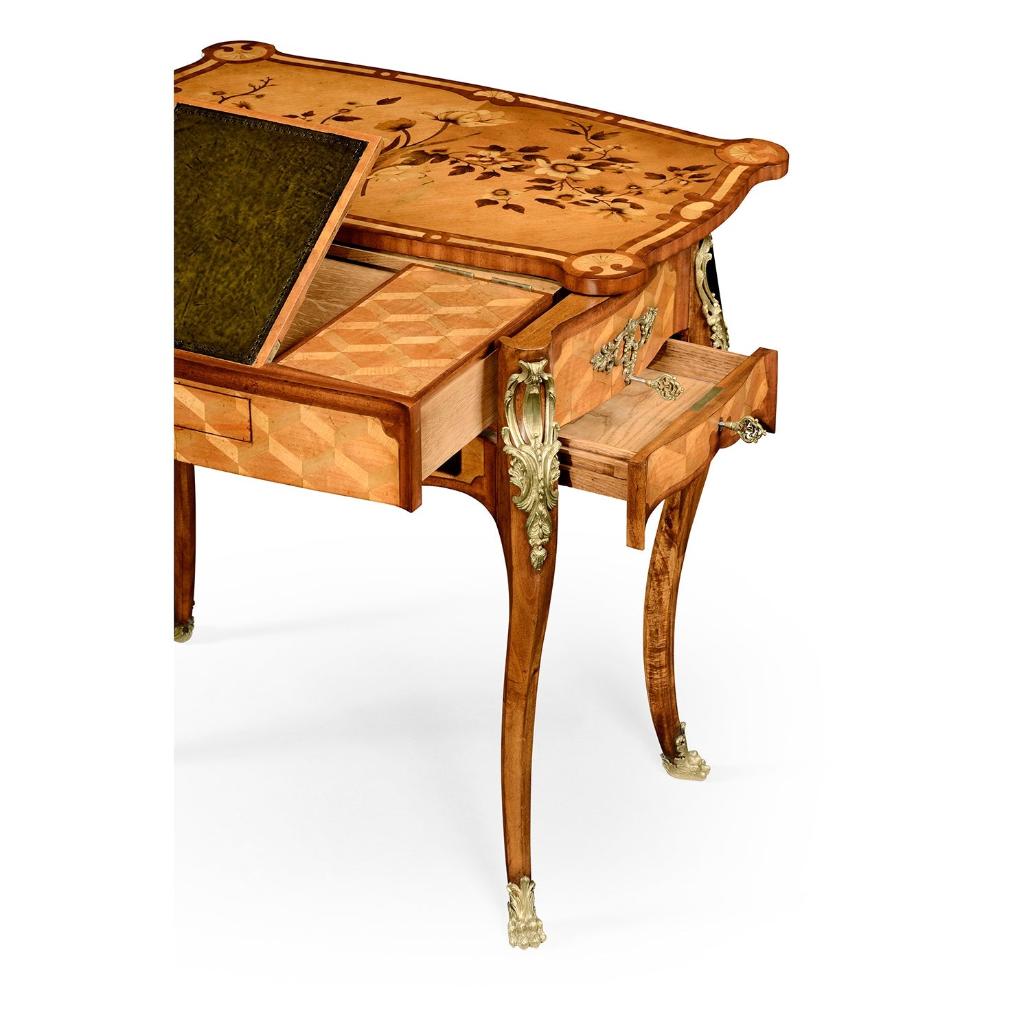 Drawer and compartment details on French side table.