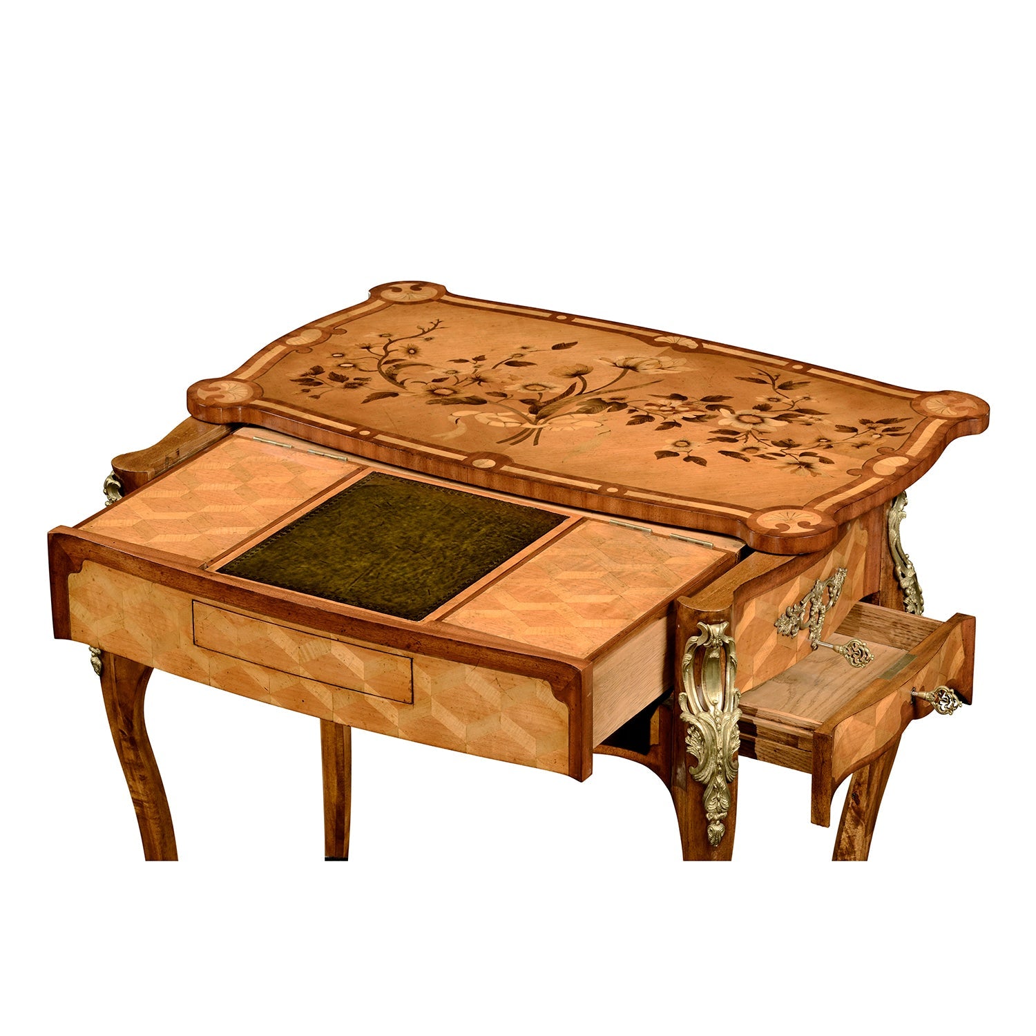 Close-up of side table with drawer and compartments.