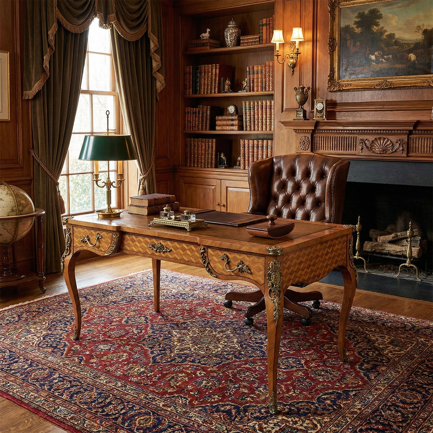 Writing desk in classic library setting with leather chair.
