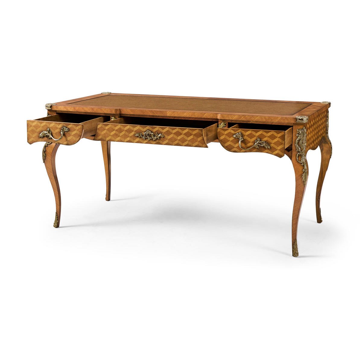 French writing desk with open drawers showing craftsmanship.