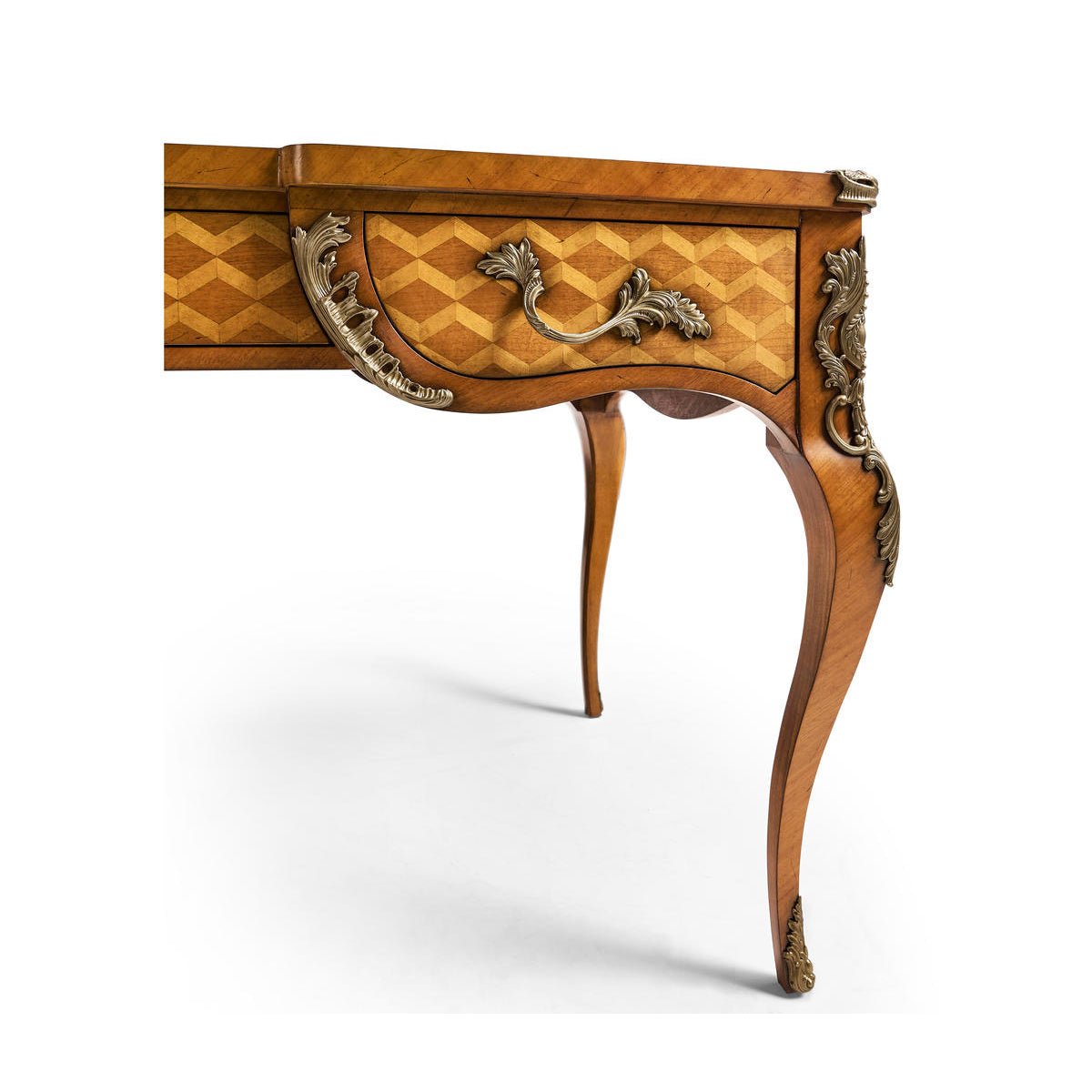 Side view of writing desk showcasing curved metal accents.