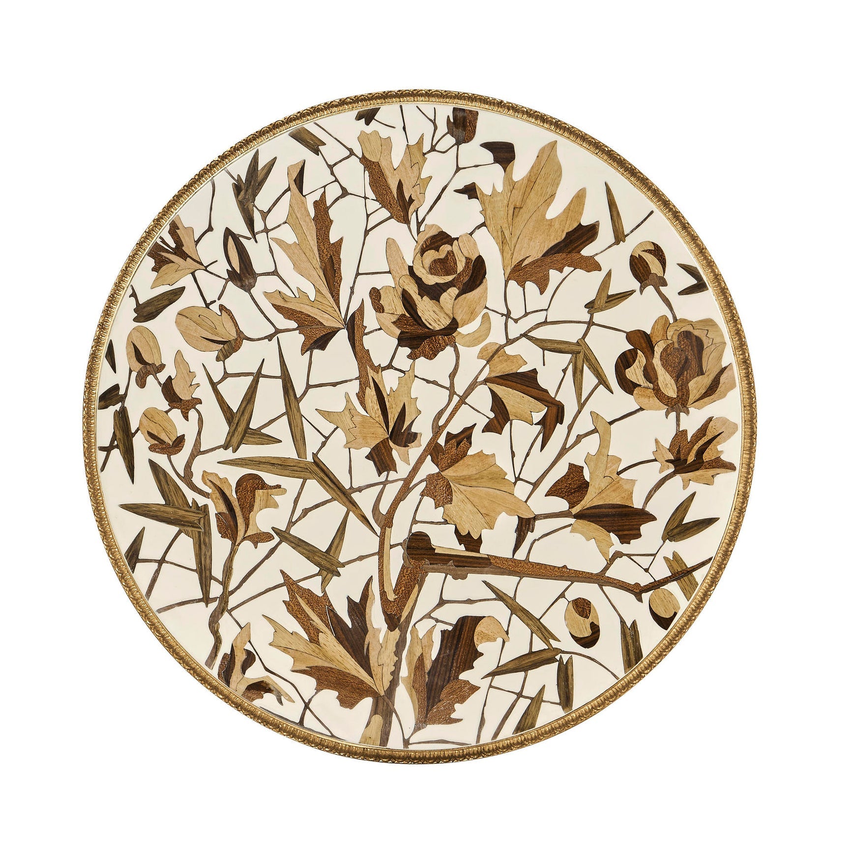 Top view of intricate floral design on accent table.
