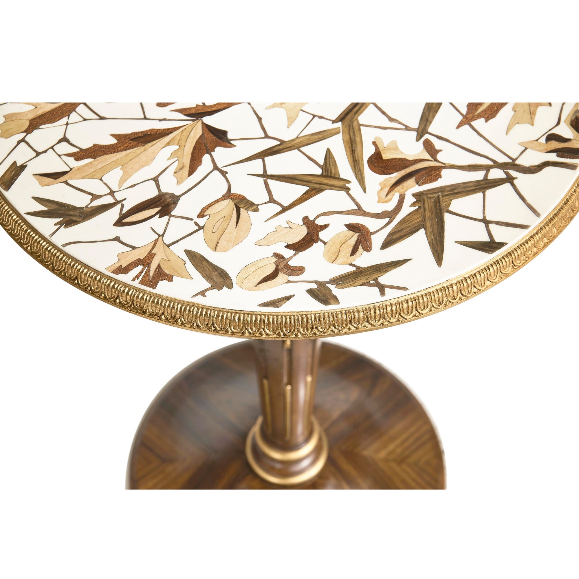 French accent table’s floral top with decorative edge.
