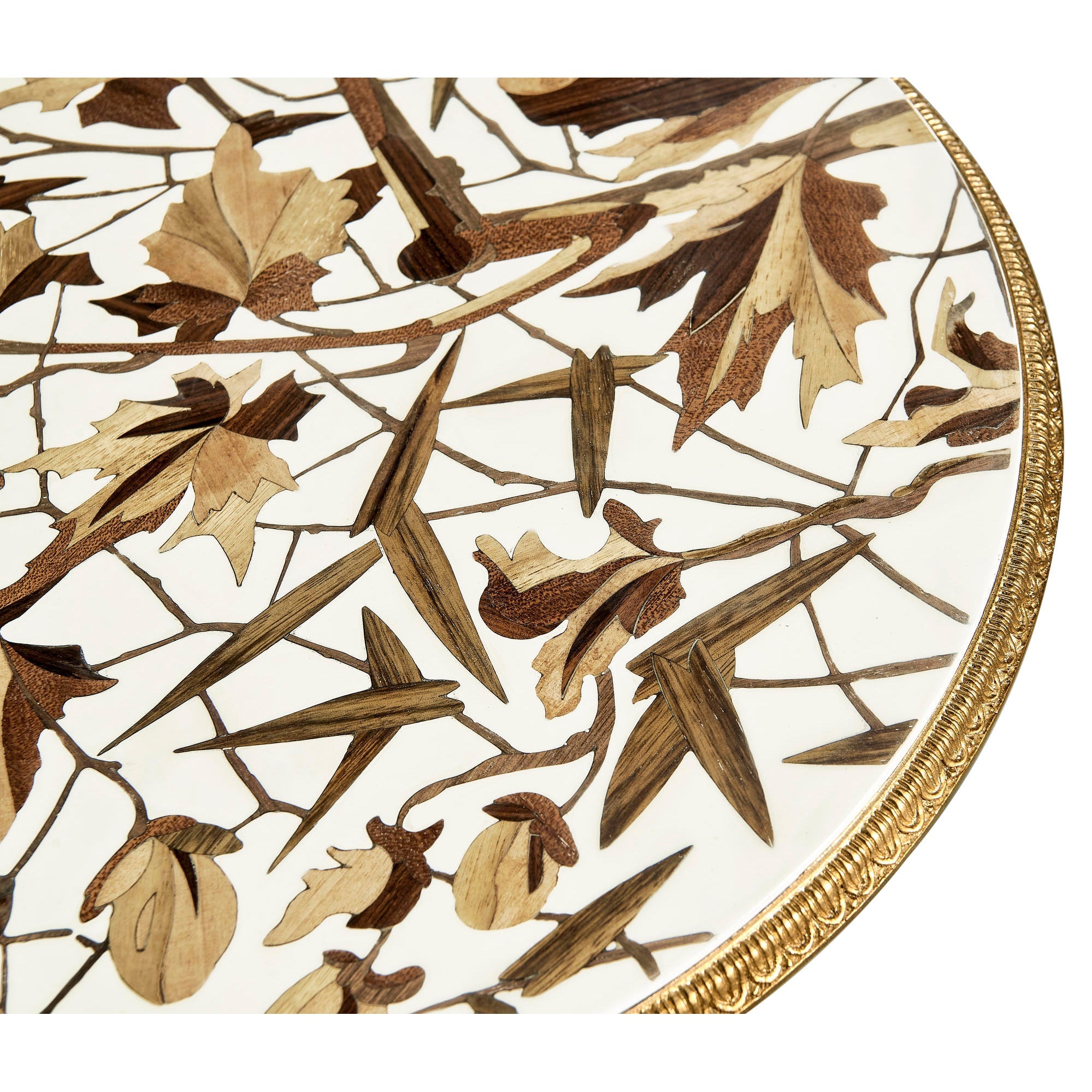 Close-up of floral inlay on accent table top.