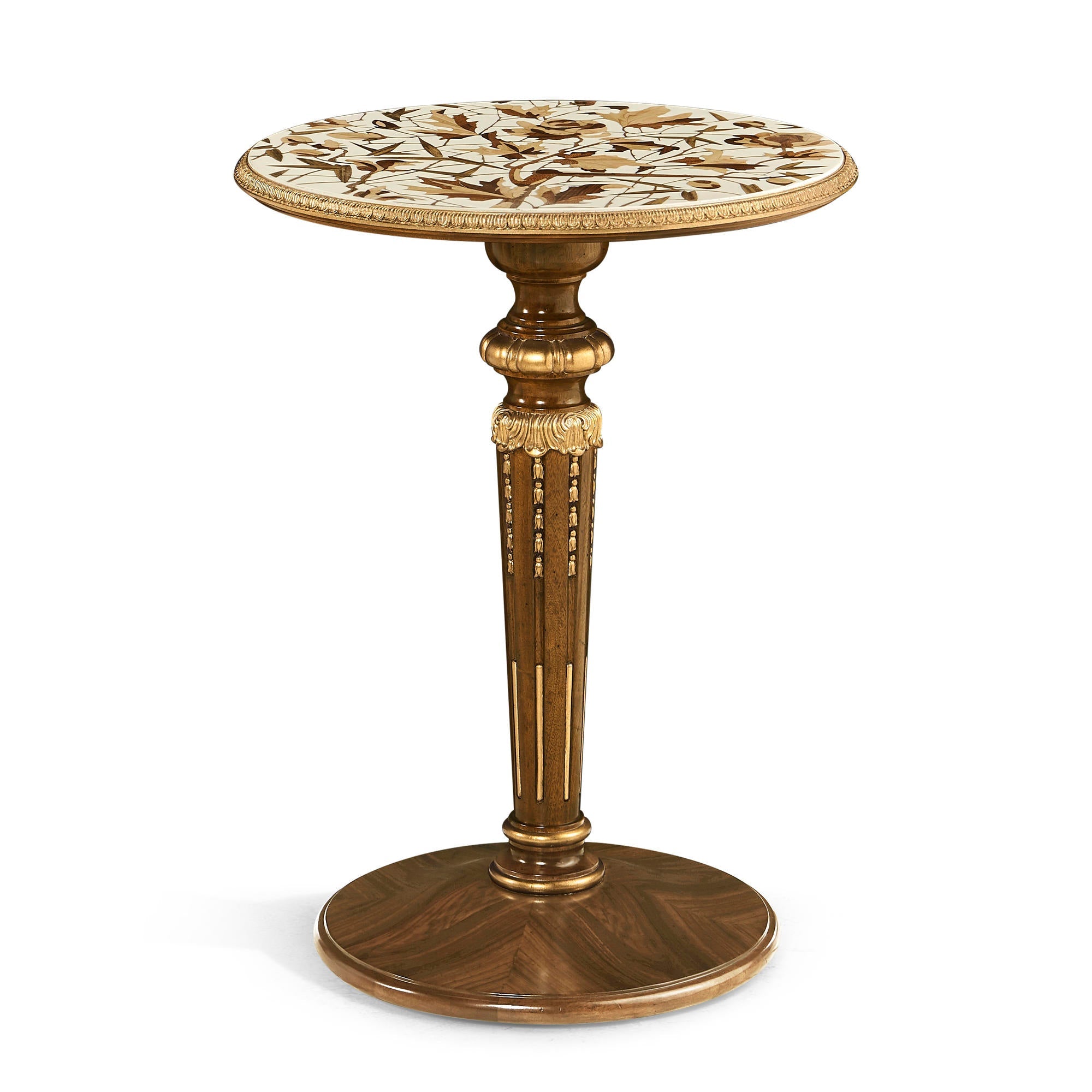 Elegant French Louis XVI accent table on white background.