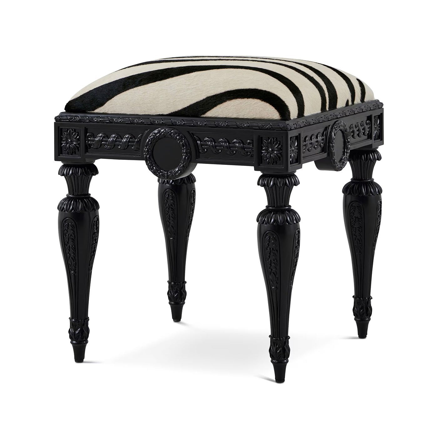Zebra vanity stool with detailed carving, front angle view.