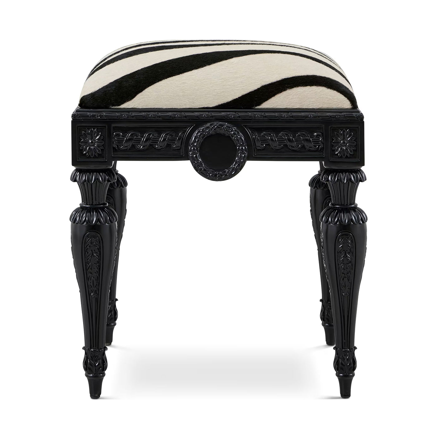Zebra vanity stool, front view showcasing intricate carvings.