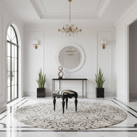 Zebra vanity stool in elegant, bright hallway display.