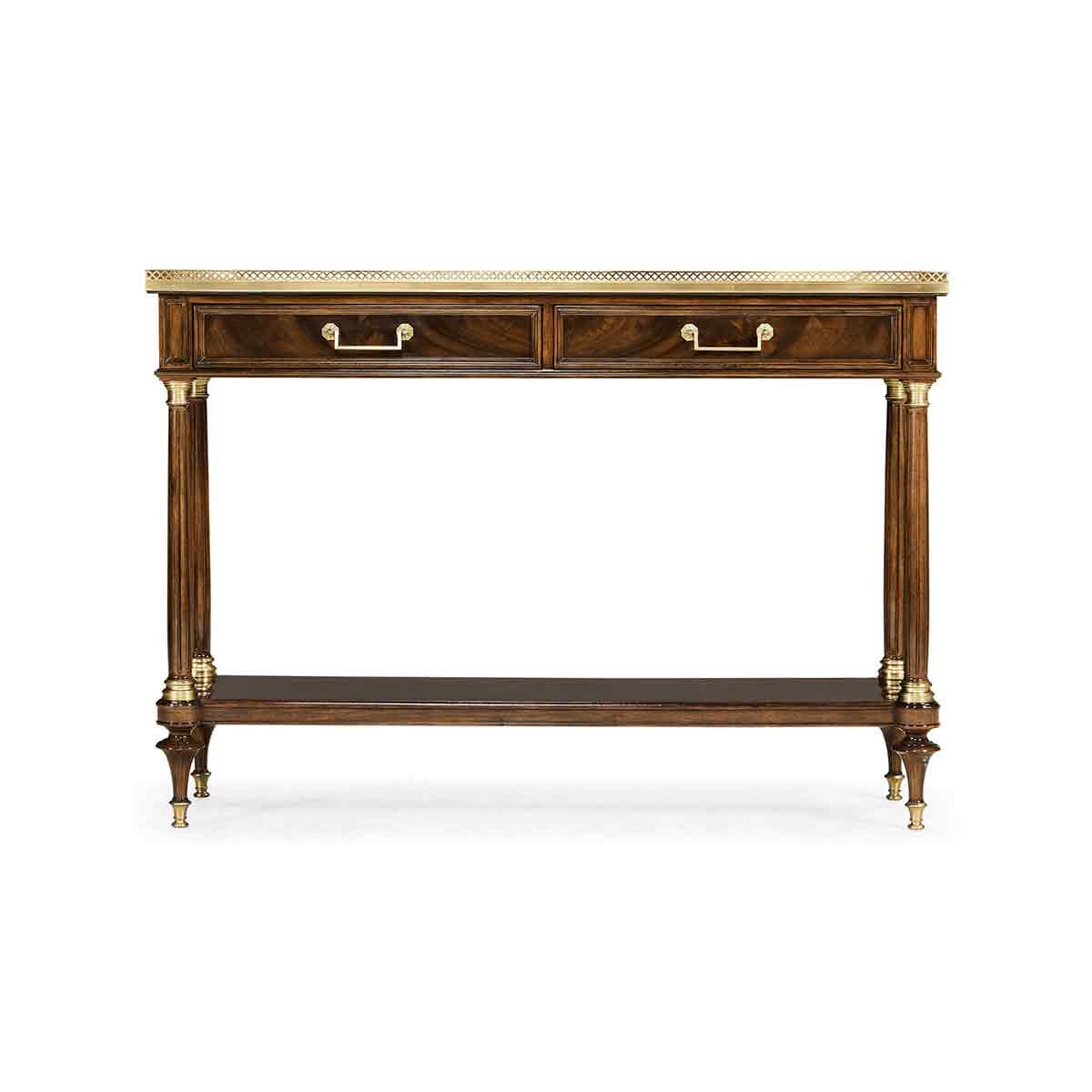 French Louis XVI console, front-facing view with details.