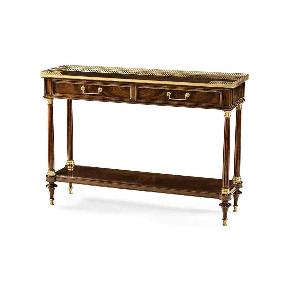 French Louis XVI console table, angled front view.