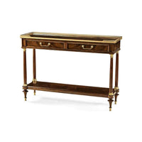 French Louis XVI console table, angled front view.