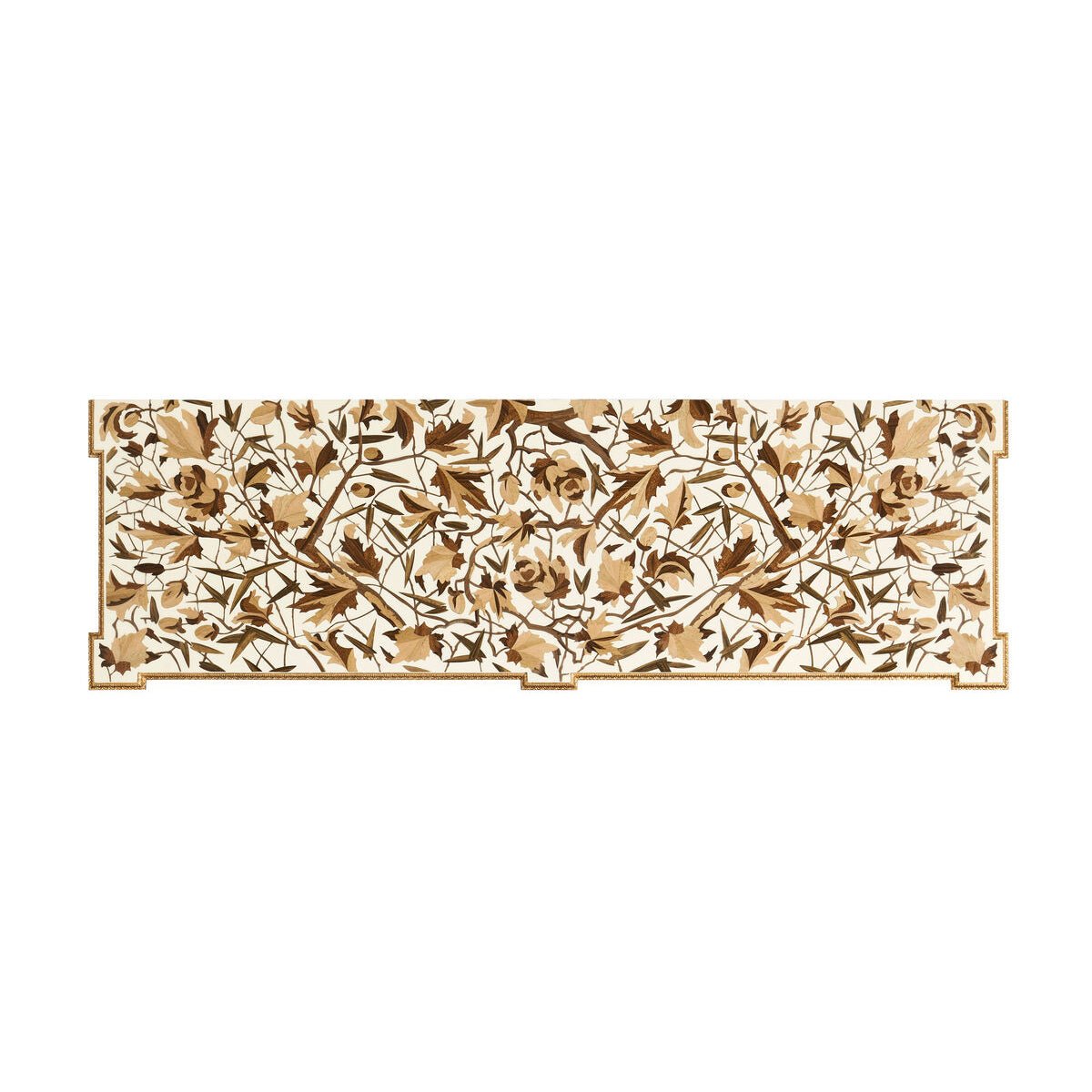 Detailed top view of French console table floral inlay.