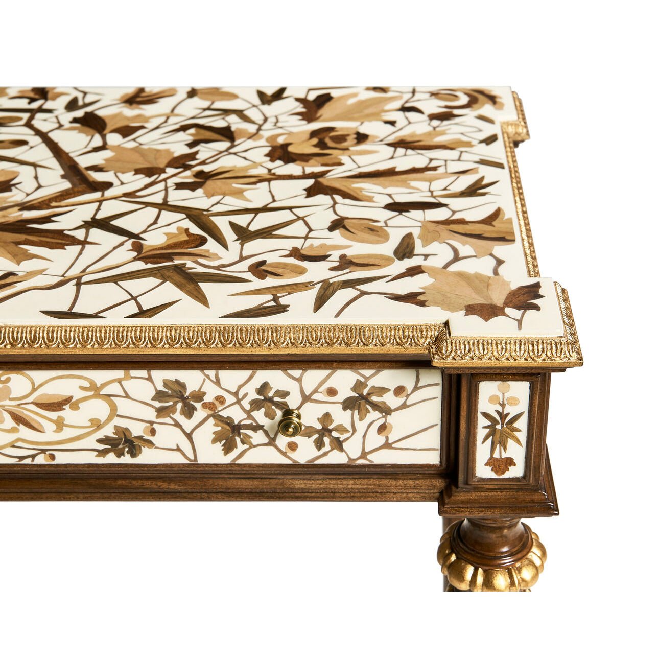 Corner view of French console table with decorative trim.
