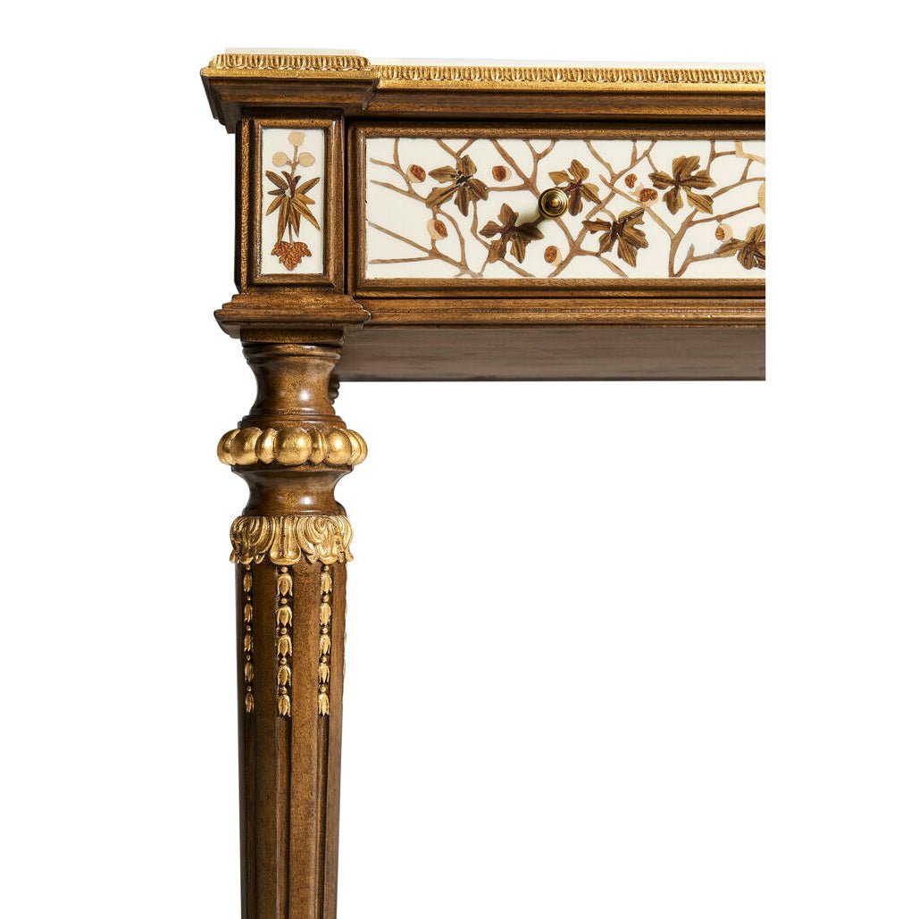 French console table leg close-up with intricate carvings.