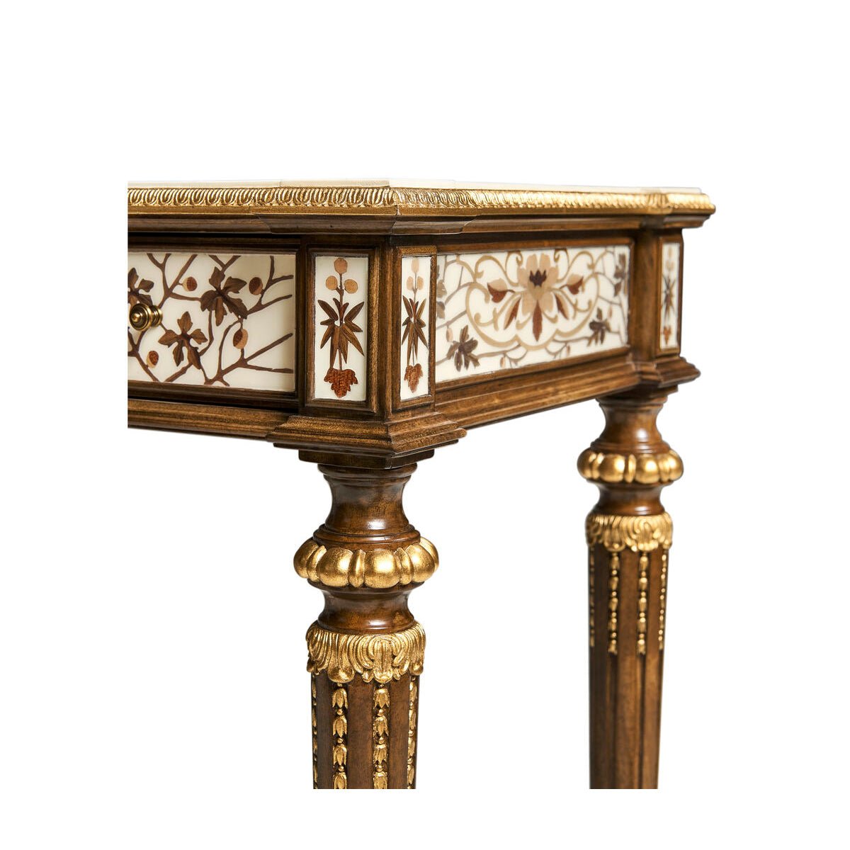 Close-up of French console table corner embellishments.