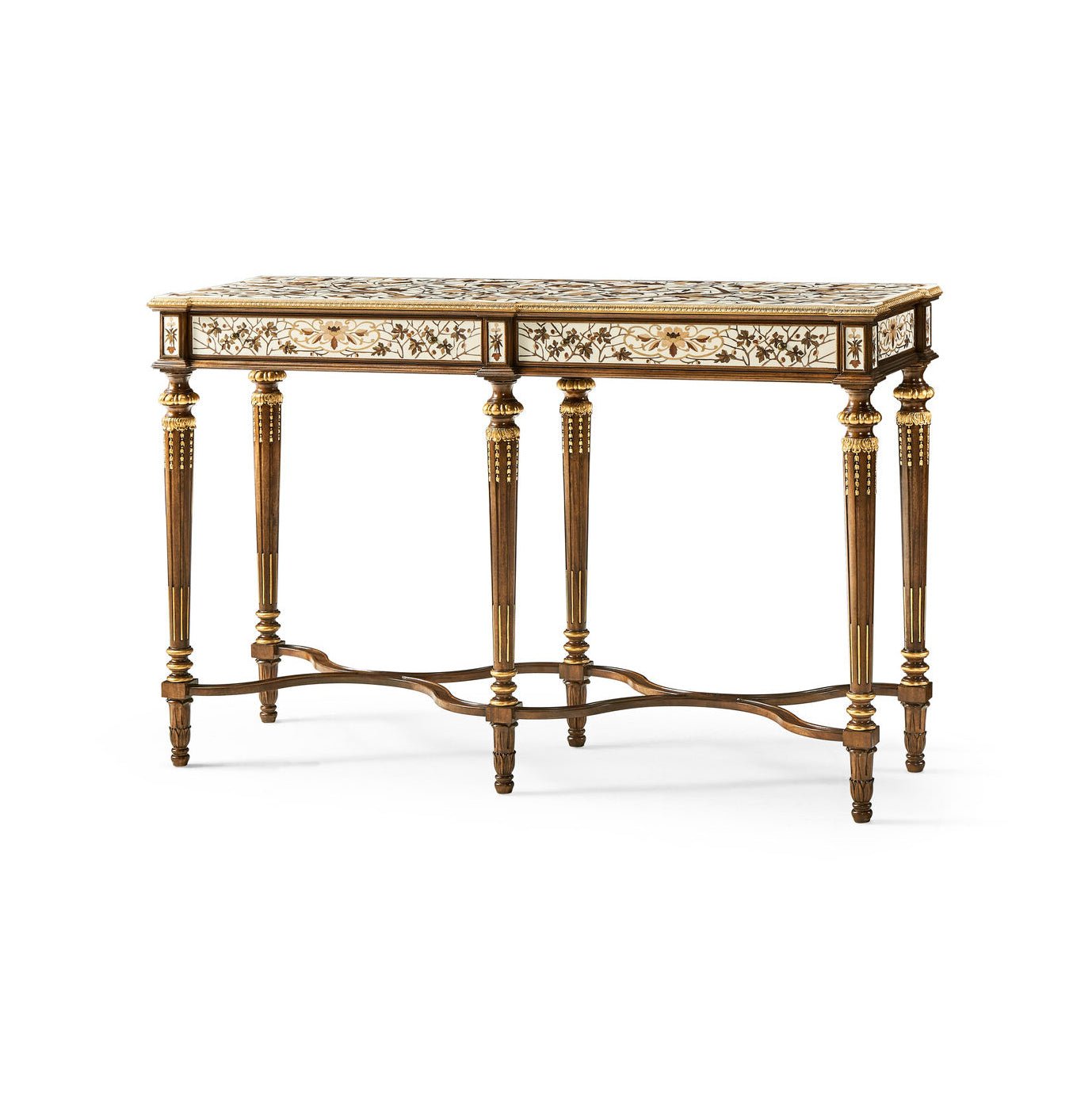 French console table with intricate floral inlay design.