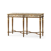 French console table with intricate floral inlay design.
