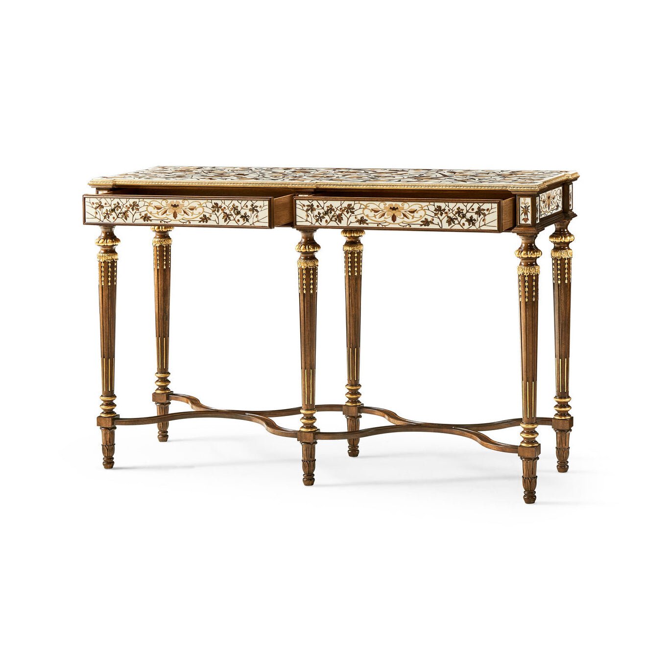 French console table side view showcasing floral motifs.