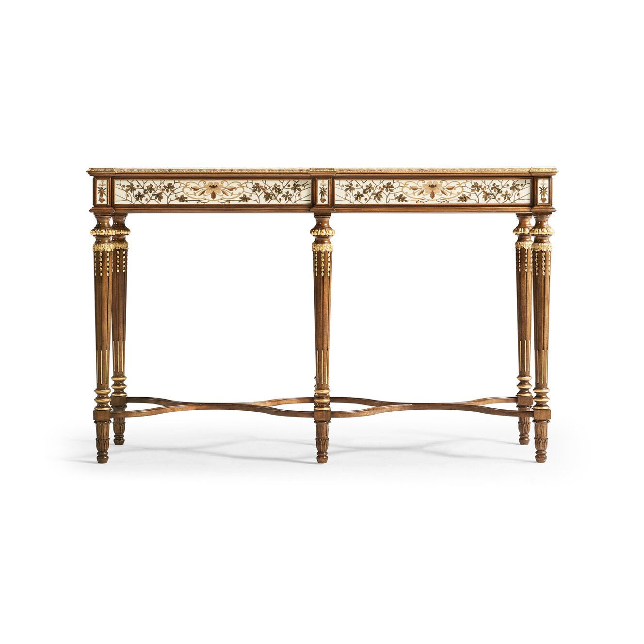 Front view of French console table with ornate details.