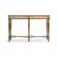 Front view of French console table with ornate details.