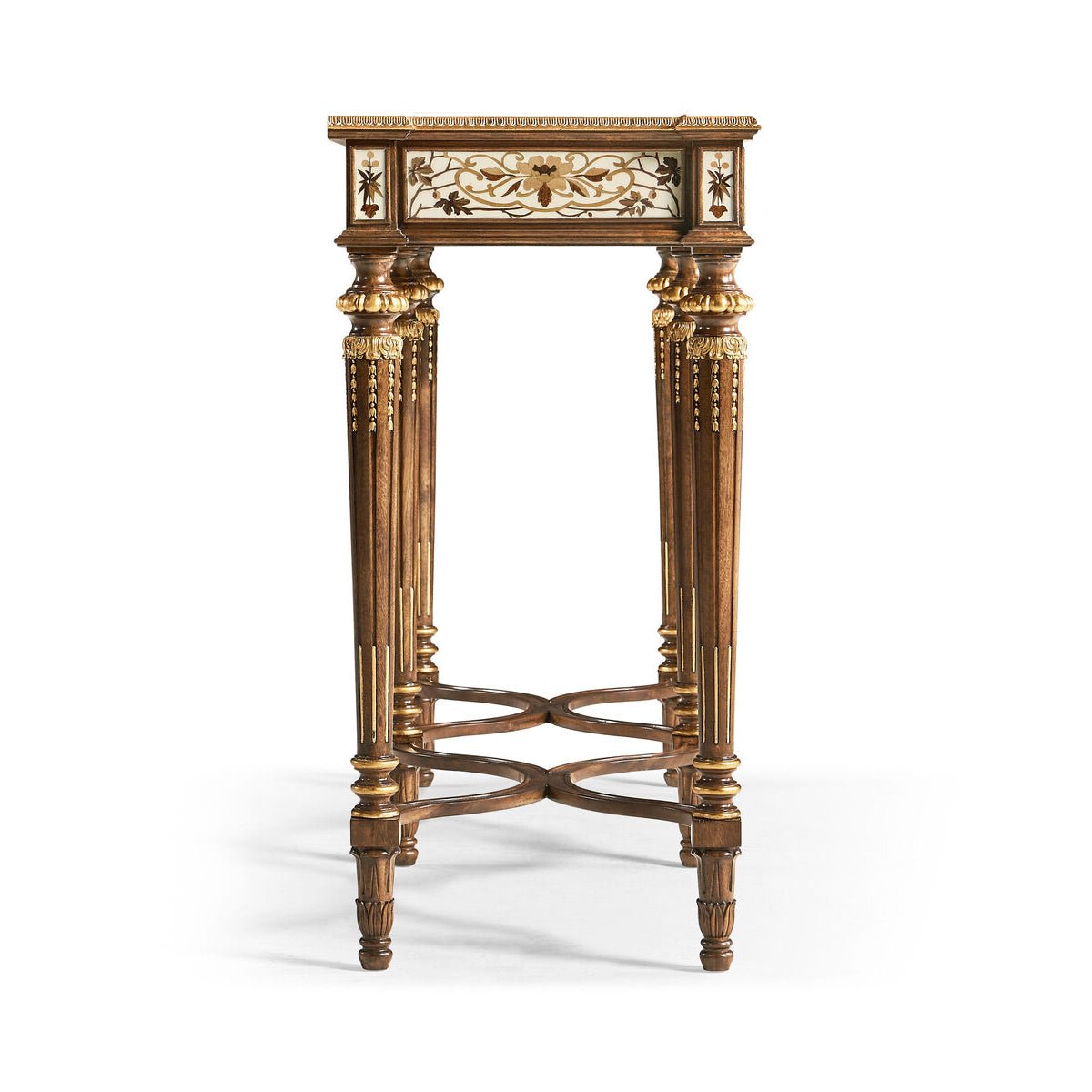 French console table side profile highlighting elegant leg design.