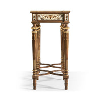 French console table side profile highlighting elegant leg design.
