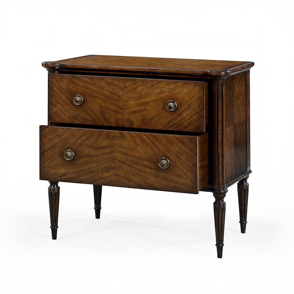 French Louis XVI nightstand with partially open top drawer.