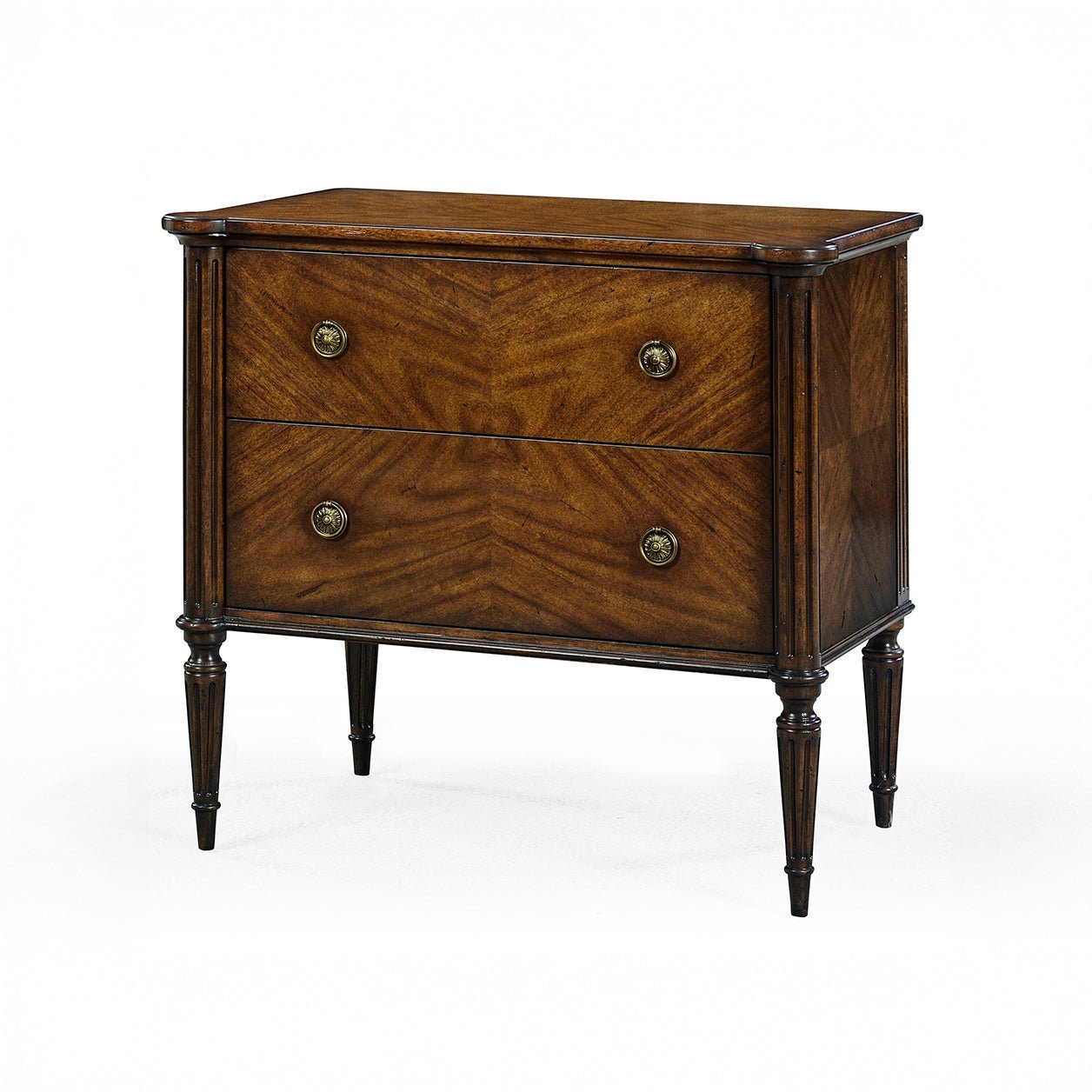 Angled shot of French Louis XVI nightstand, two drawers.