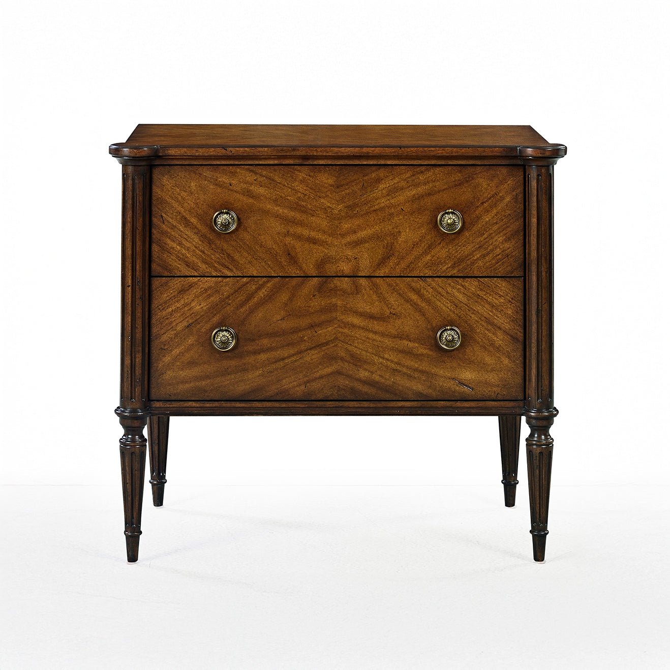 Straight front shot of elegant French Louis XVI nightstand.