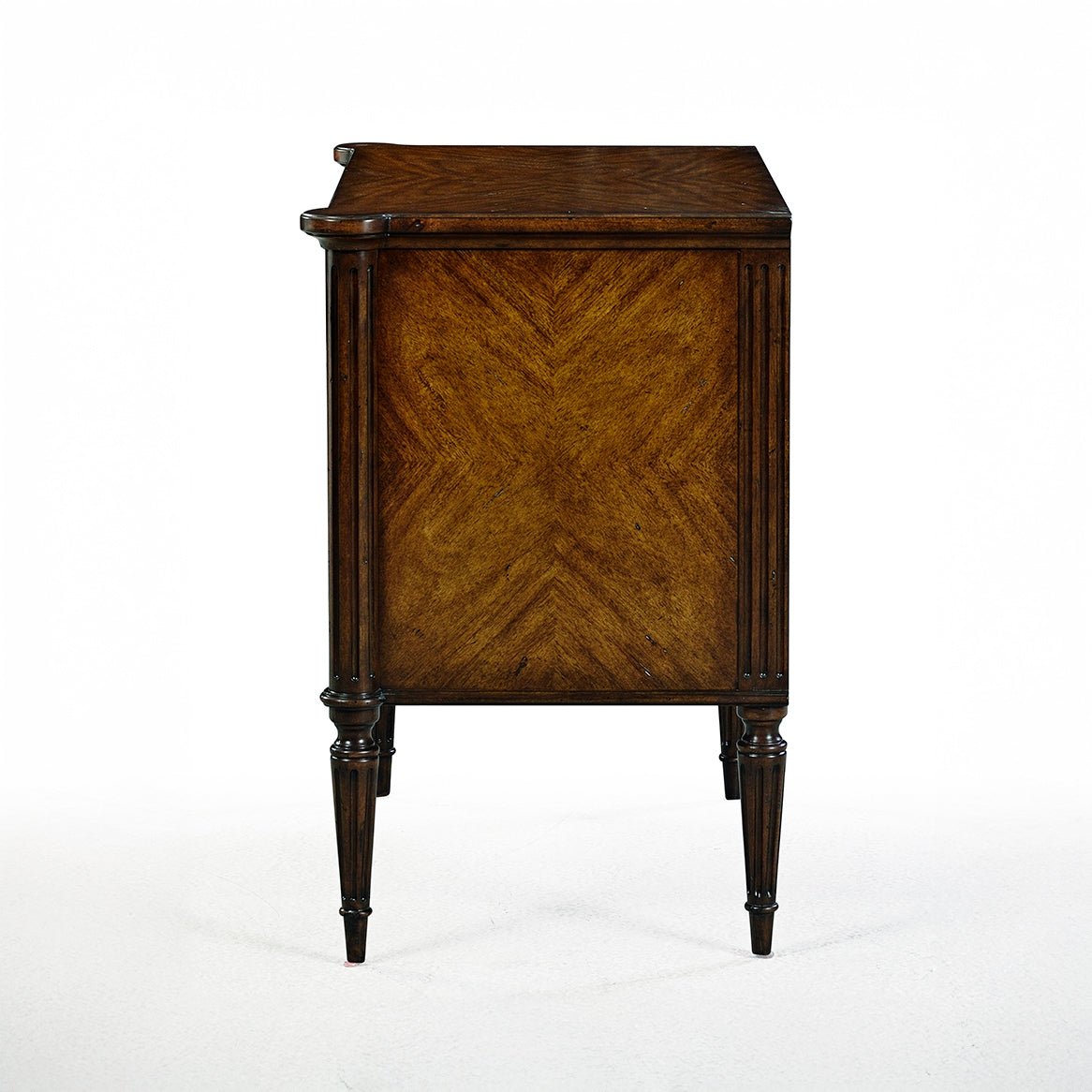 Side view of French Louis XVI nightstand, detailed wood grain.