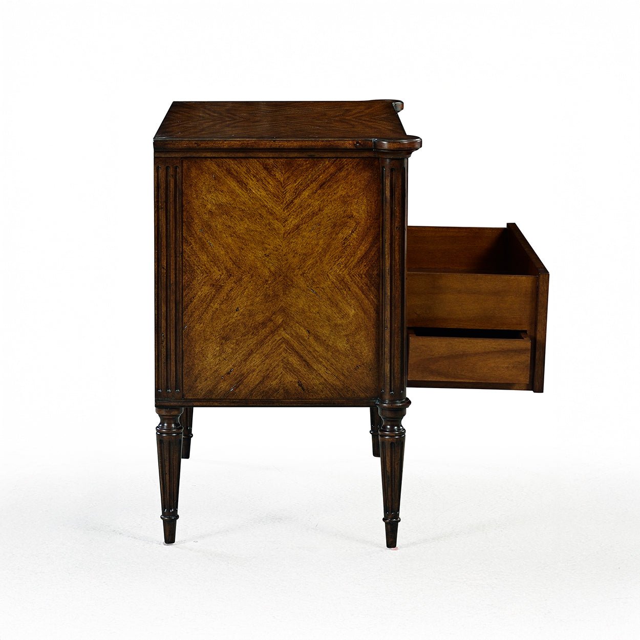 Side view, French Louis XVI nightstand, open drawer.