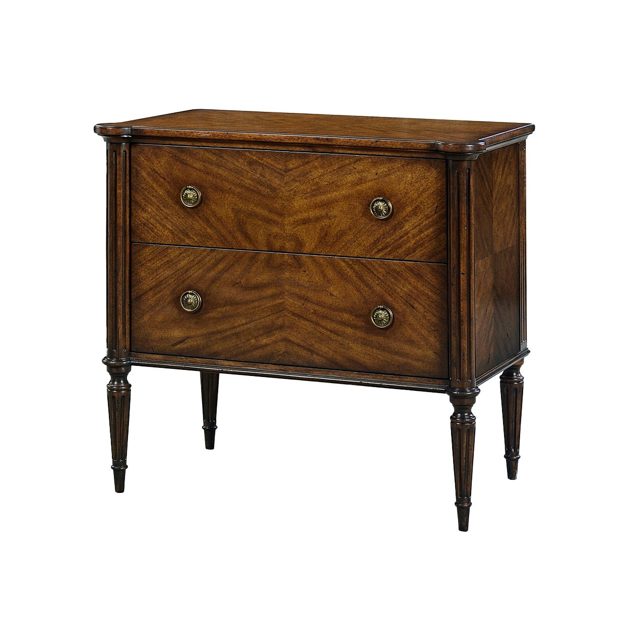 Front view of French Louis XVI nightstand, two drawers.