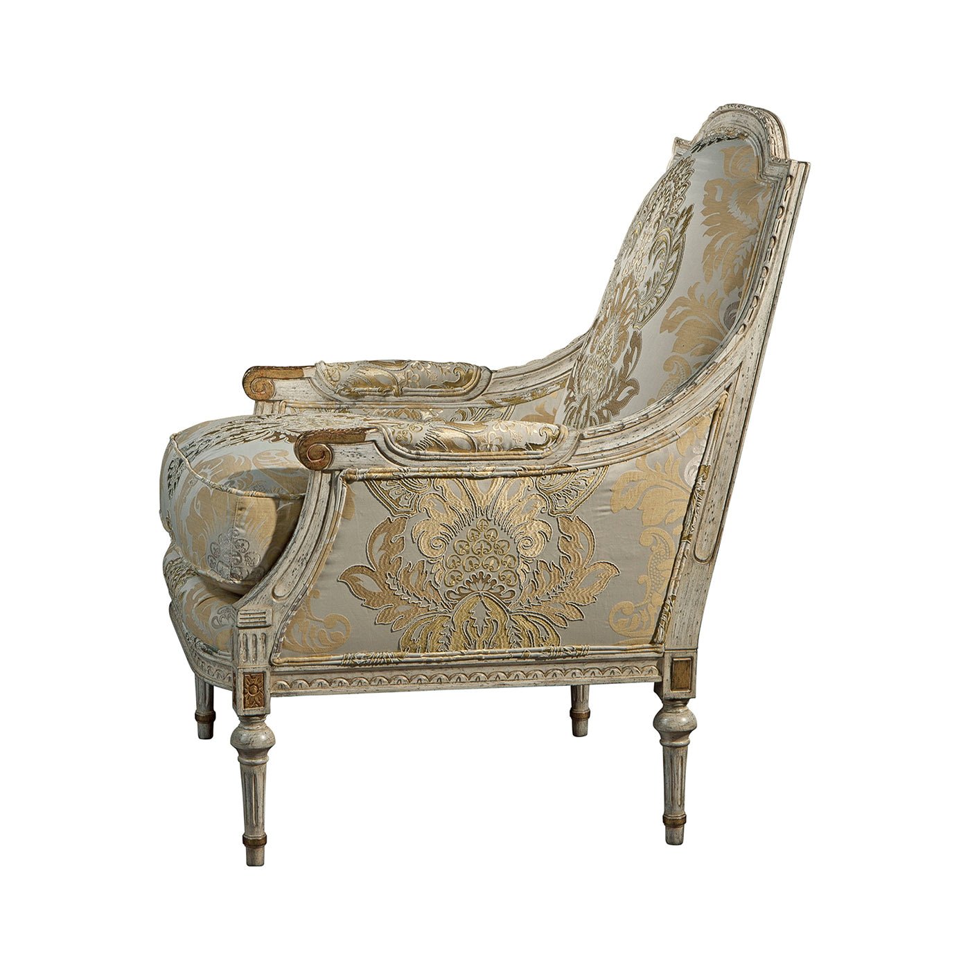 Side view of French Louis XVI Style Bergere chair.