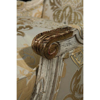 Detailed arm design on French Louis XVI Bergere chair.