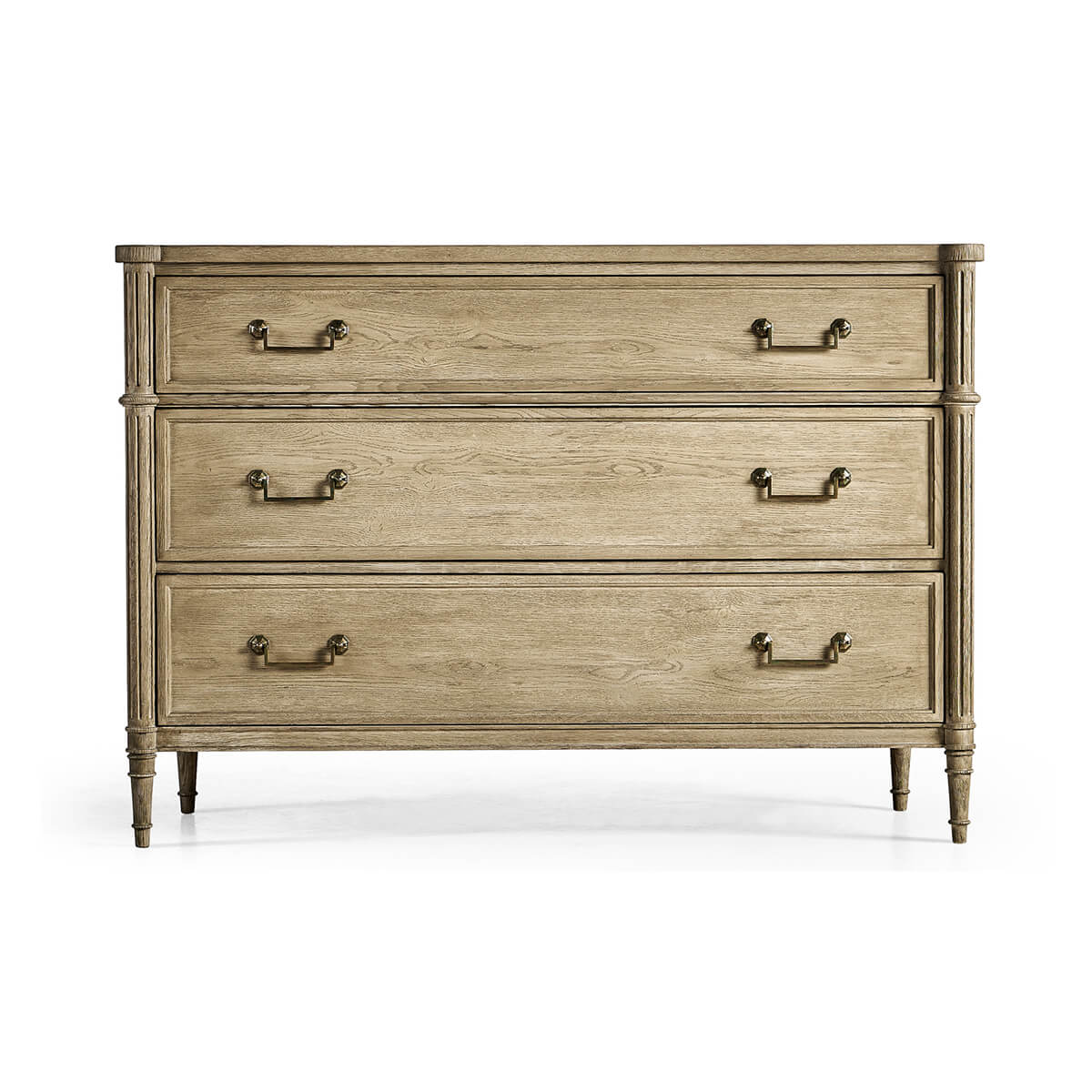 Front view of French Louis XVI commode, wood finish.