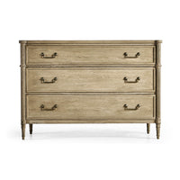 Front view of French Louis XVI commode, wood finish.