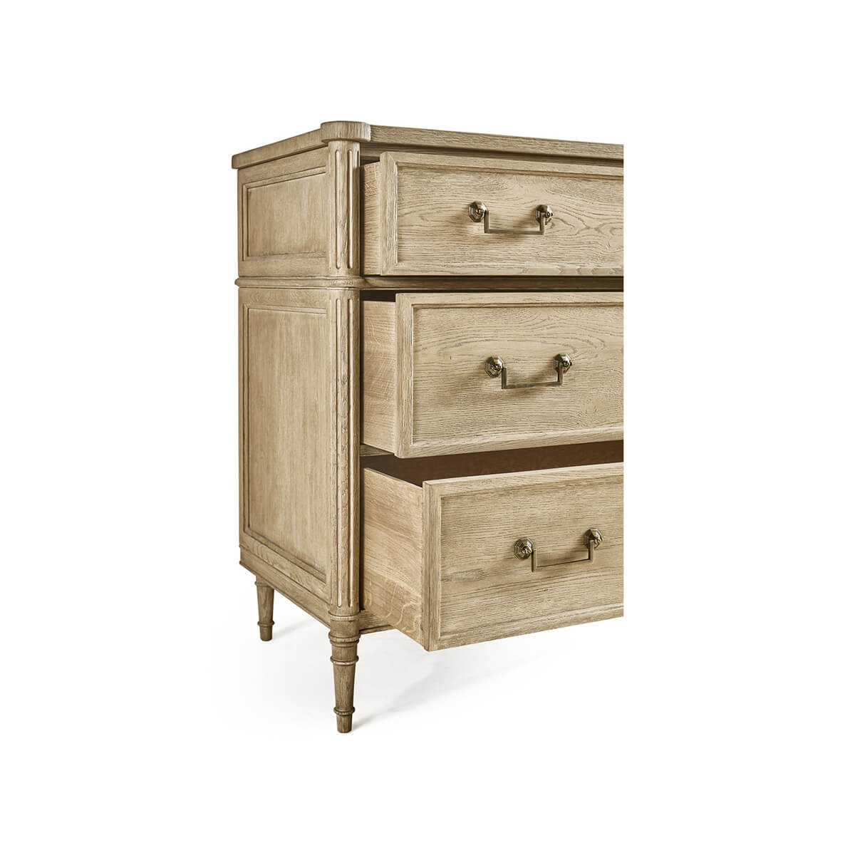 Side view of open drawers, French style commode.