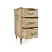 Side view of open drawers, French style commode.