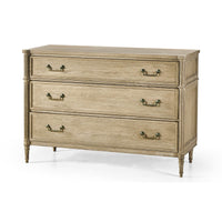 Natural wood commode, angled front view, Louis XVI style.